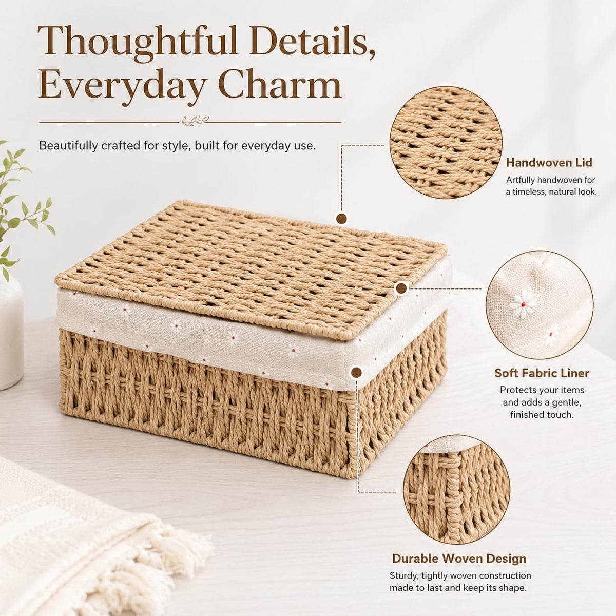 1PC Woven Storage Basket with Lid for Closet Shelf-Khaki Small
