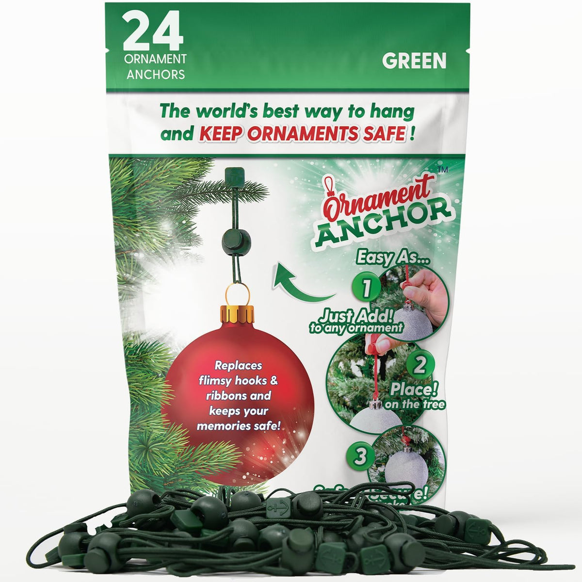 Ornament Hooks for Hanging Christmas Decorations - No-Slip Hanging Hooks for Xmas - Heavy Duty Christmas Tree Ornaments Hanger Hooks for Small & Large Ornaments (Green, 24 Count)