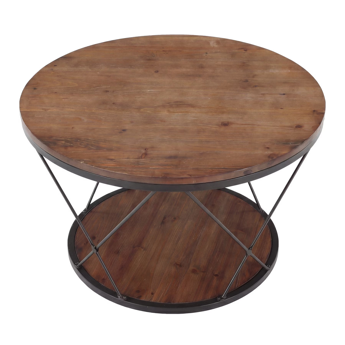 2-Tier Solid Wood round Coffee Table, 31.5-Inch Farmhouse Circle Tea Table with X-Shaped Support for Living Room, Rustic Brown and Black