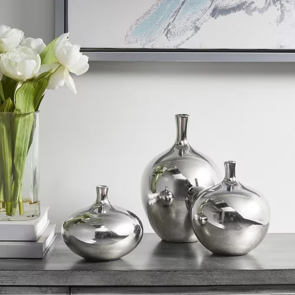 Ansen 3-Piece Silver Mirrored Ceramic Decorative Vases 3-Piece Set