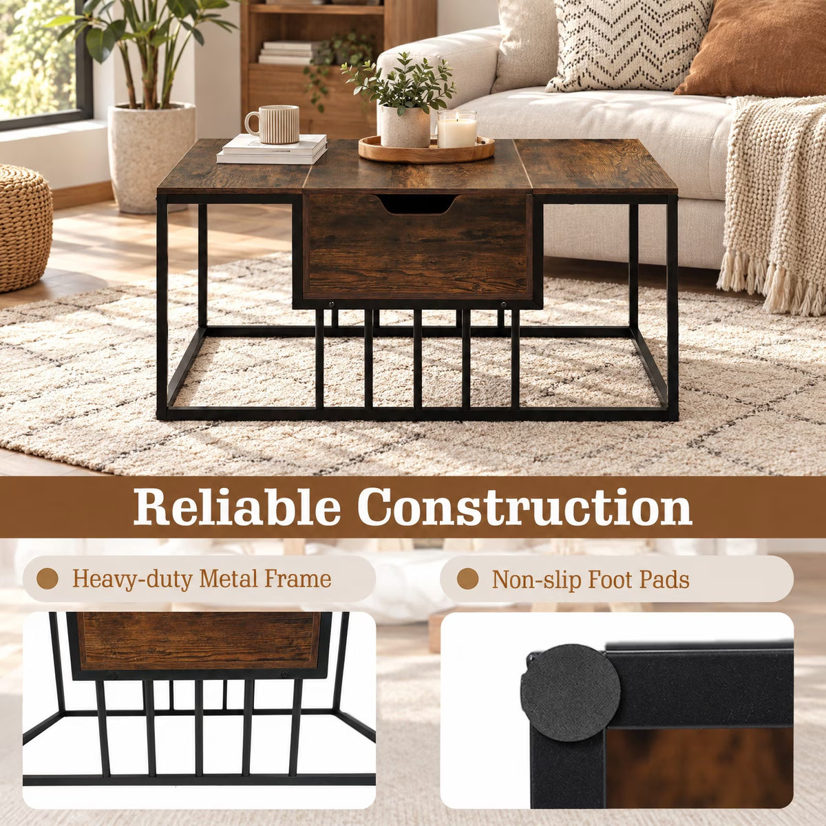 Lift Top Coffee Table Modern Center Table with Hidden Storage Compartment, 110 Lbs Capacity, Engineered Wood Metal Frame, Coffee