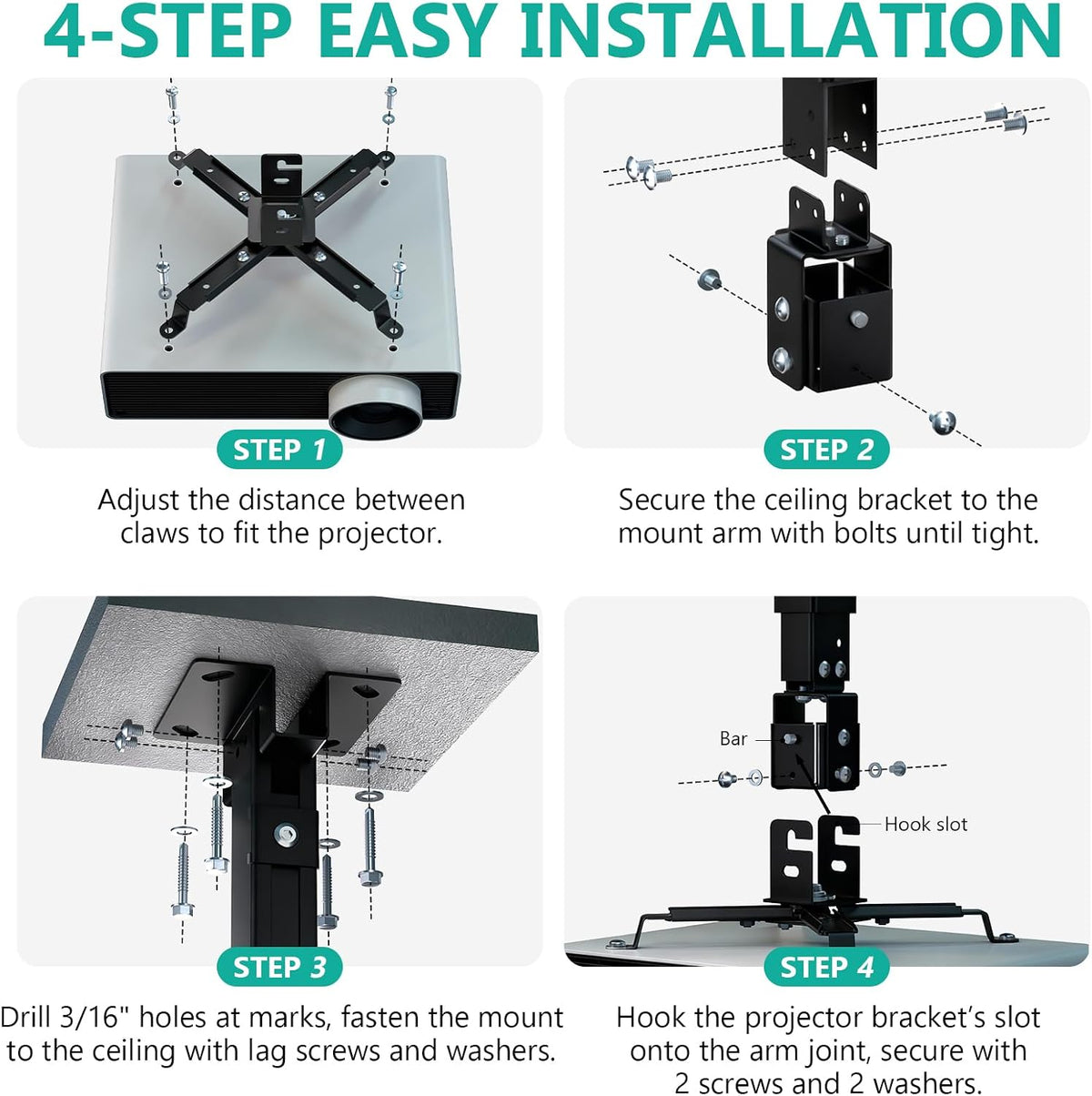 Projector Mount Ceiling/Wall - Universal 3-In-1 Bracket with Extension Pole, Height Adjustable Holder for LCD/DLP Projectors, Supports up to 44Lbs (PM-003-B), Black
