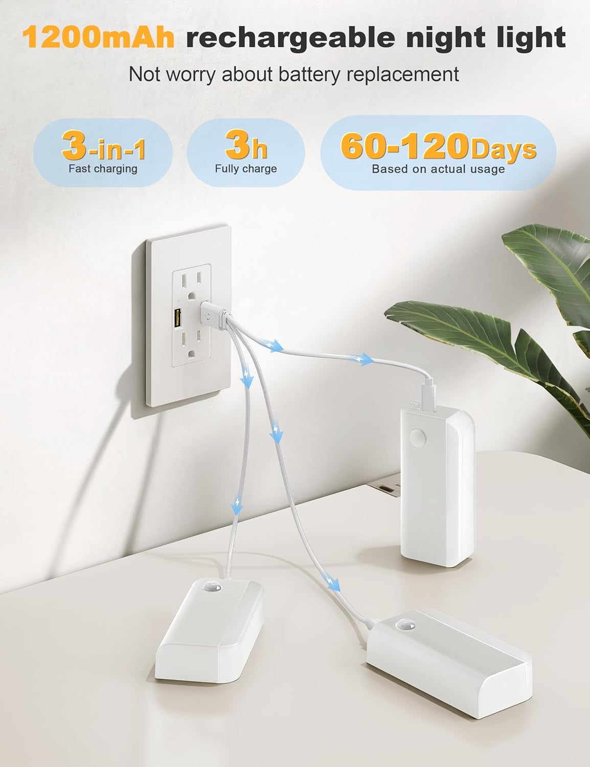 Motion Sensor Rechargeable Night Lights, 3 Modes 3CCT 6Pack,White