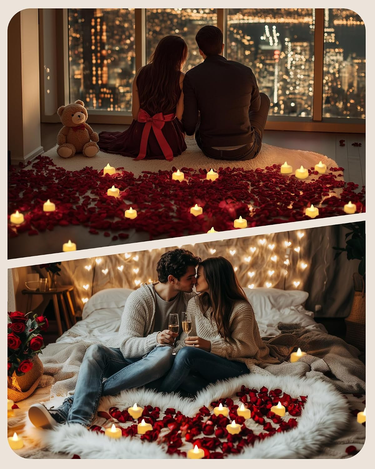 2000 Pieces Artificial Rose Petals with 24 Heart LED Tea Lights Candles Kit, Rose Petals and Candles Set for Proposal, Anniversary, Special Romantic Night, Wedding Table Decor, Birthday