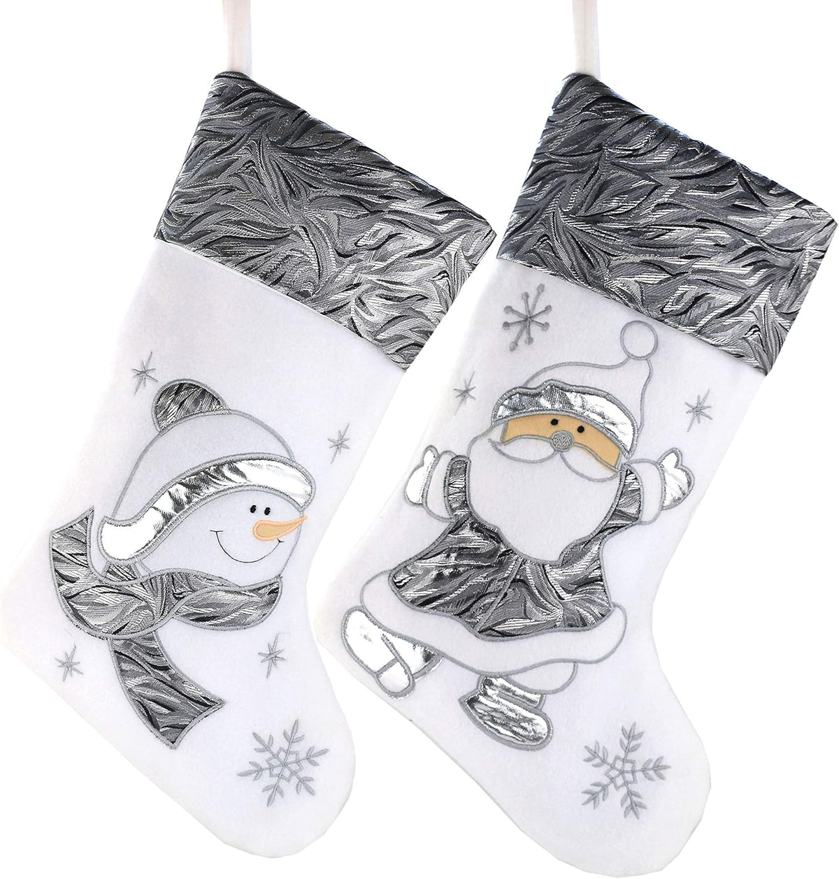 Classic White Silvery Christmas Stockings Set of 2 Santa, Snowman Xmas Character Fireplace Hanging Stockings 17 Inches for Holiday Party Family