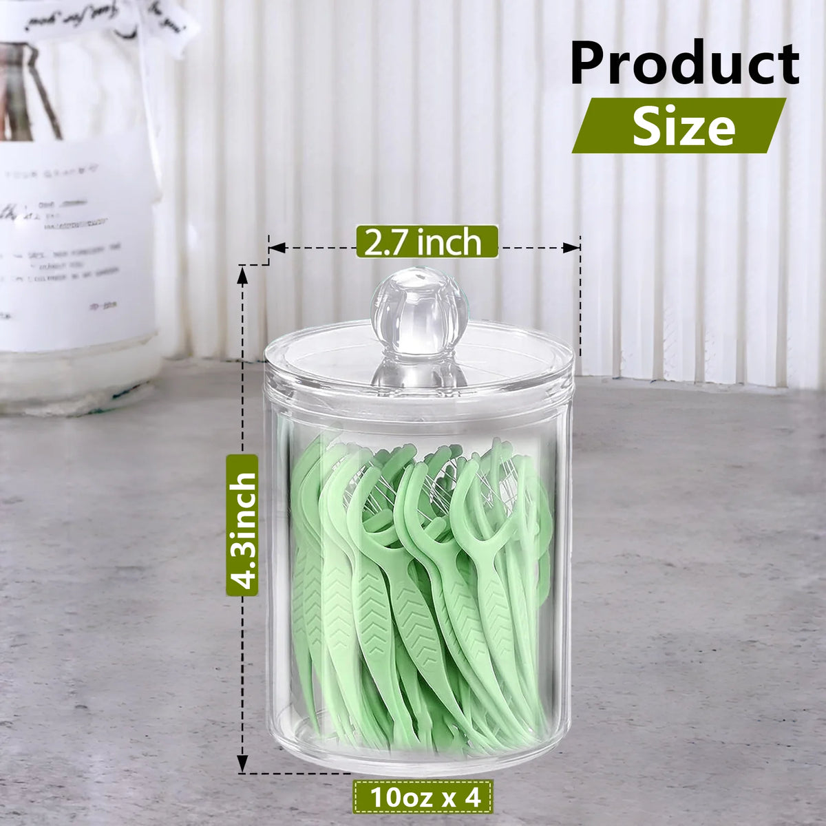 4 Pack Qtip Holder Dispenser for Cotton Ball,Cotton Swab,Cotton round Pads,Floss Picks - Small Clear Plastic Apothecary Jar Set for Bathroom Canister Storage Organization,Vanity Makeup Organizer