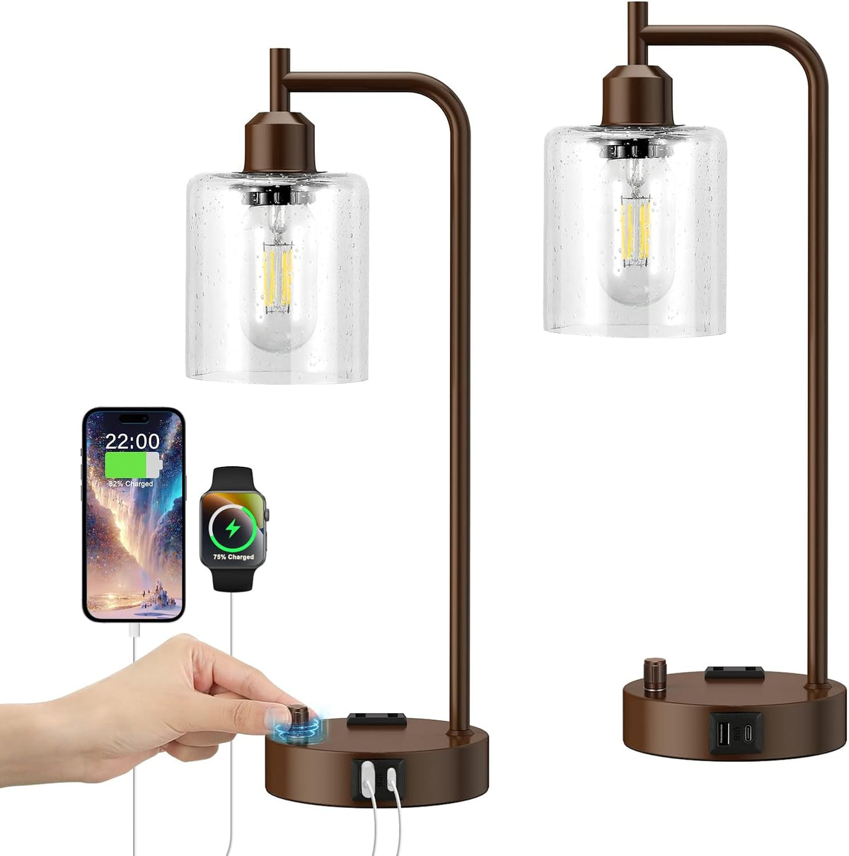 Industrial Table Lamps for Bedrooms Set of 2 - Fully Dimmable Bedside Lamps with USB Ports and Outlet, Brown Nightstand Lamps with Glass Shade for Living Room, Desk Lamps for Office Reading