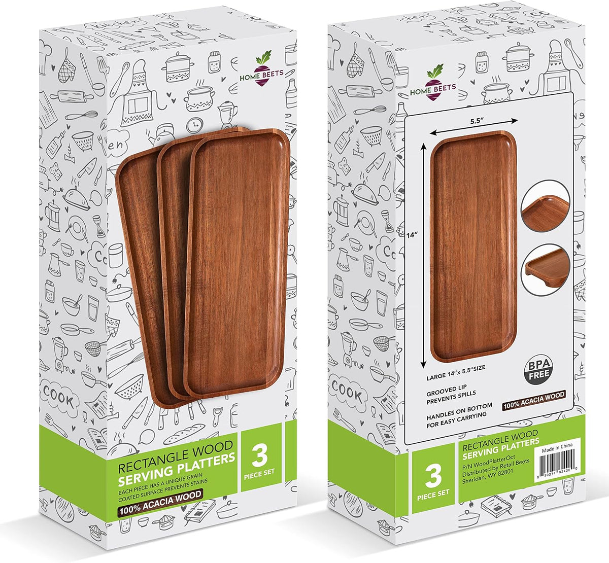 Solid Acacia Wood Serving Trays (14 X 5.5 Inches) Rectangular Wooden Large Serving Platters for Food, Wooden Platter for Charcuterie, Appetizer Serving Tray, Wood Cheese Board (Set of 3 Plates)