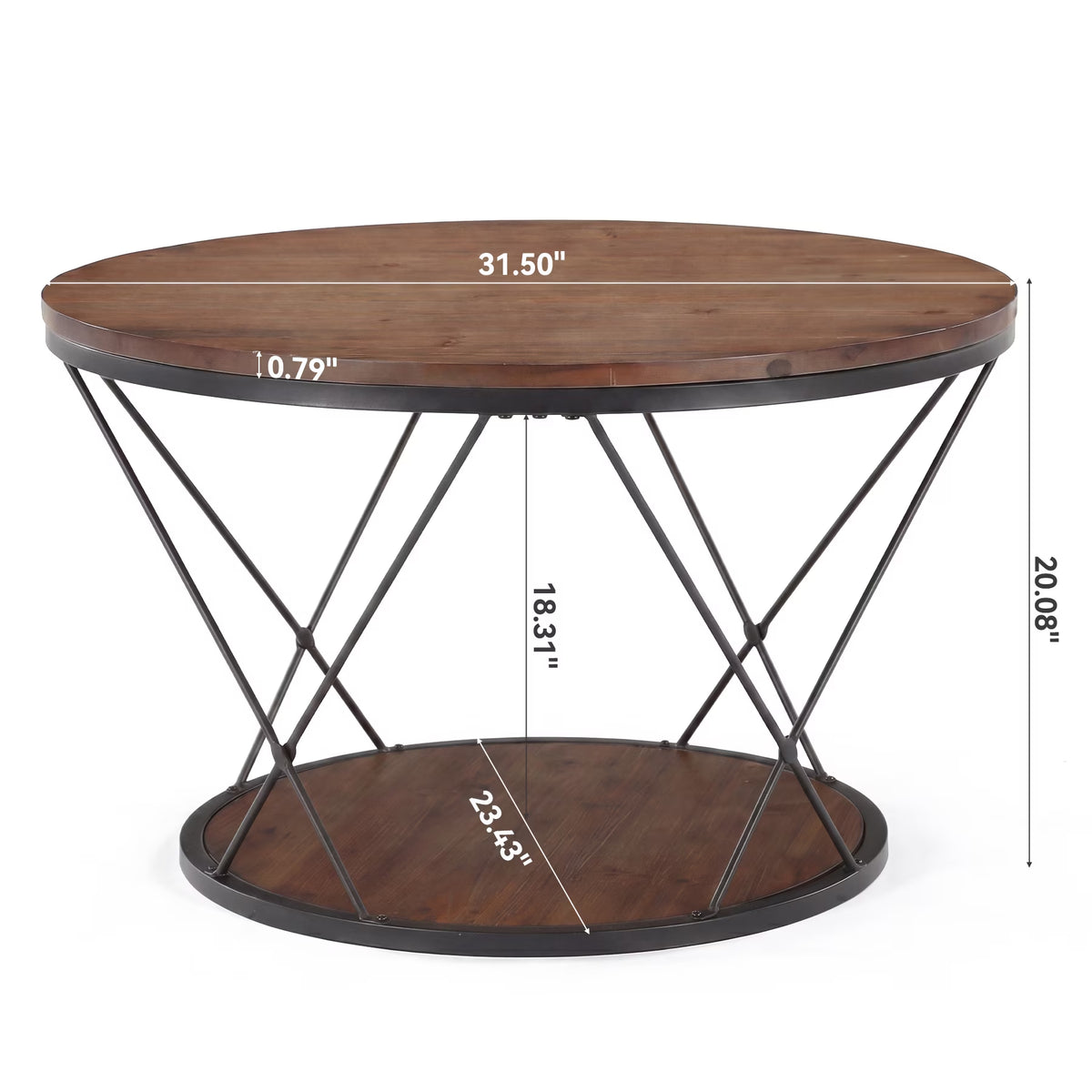 2-Tier Solid Wood round Coffee Table, 31.5-Inch Farmhouse Circle Tea Table with X-Shaped Support for Living Room, Rustic Brown and Black
