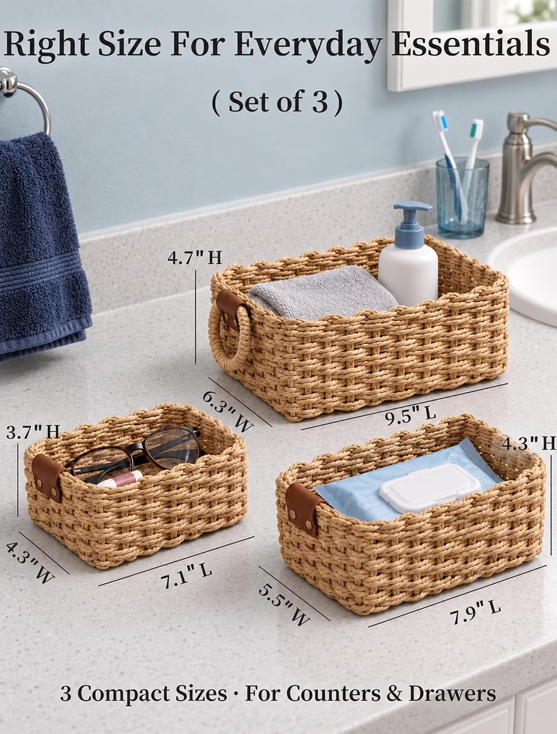 Small Wicker Baskets, 3 PCS Paper Rope Baskets for Shelves, Brown