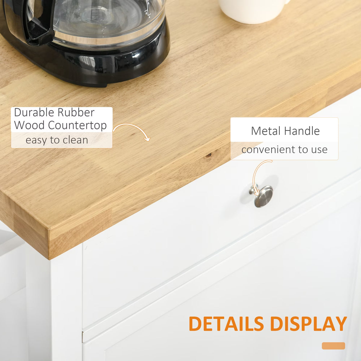 Utility Kitchen Cart, Rolling Kitchen Island with Smooth Rubberwood Top, Narrow Butcher Block Surface on Wheels with Storage Drawer & Cabinet, White