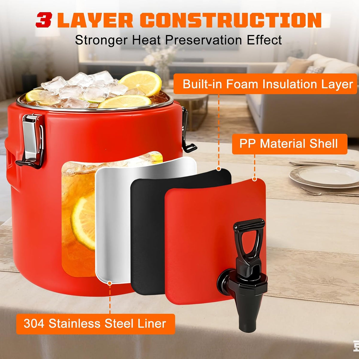 10L/2.6 Gallon Insulated Beverage Dispenser, Drink Dispenser with 304 Stainless Steel Interior and Spout, Portable Hot and Cold Water Dispensers for Parties Outdoors Camping