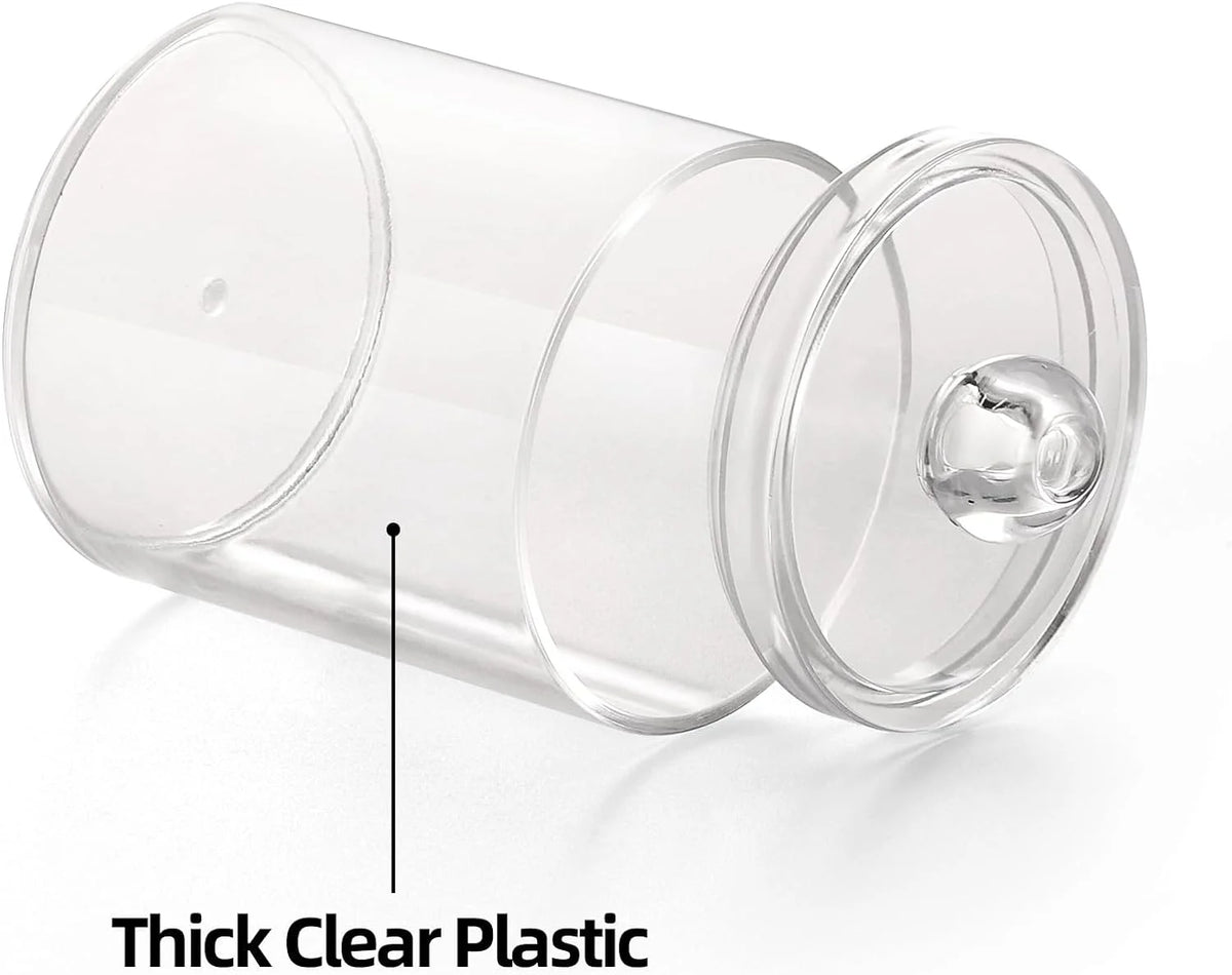 4 Pack Qtip Holder Dispenser for Cotton Ball,Cotton Swab,Cotton round Pads,Floss Picks - Small Clear Plastic Apothecary Jar Set for Bathroom Canister Storage Organization,Vanity Makeup Organizer