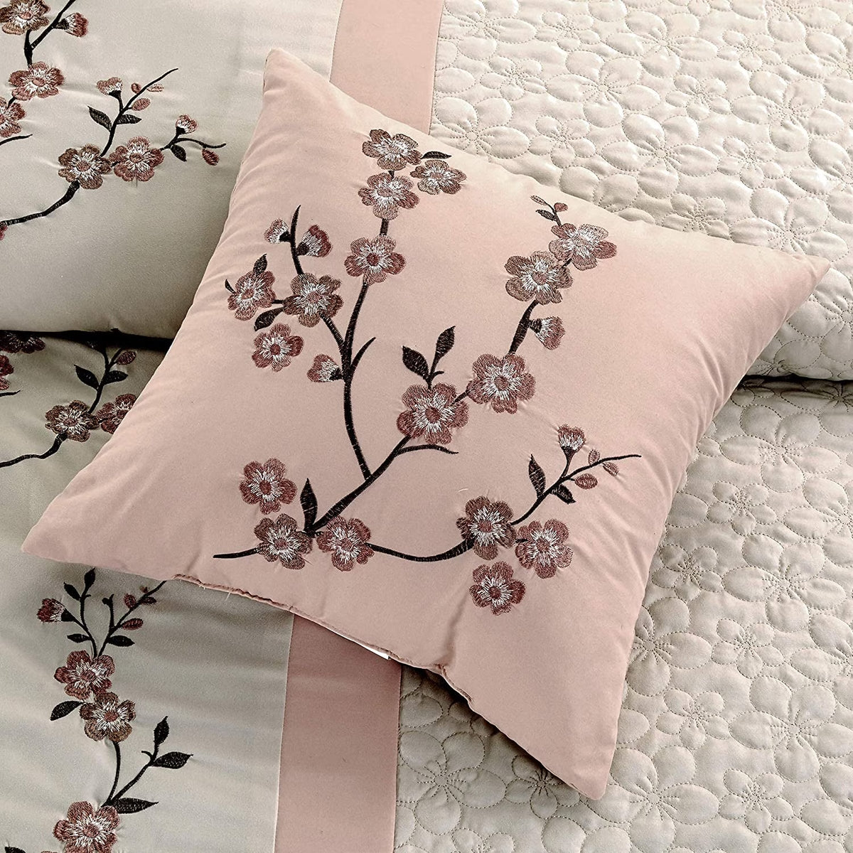 Linnea 7-Piece Luxury Blush Cherry Blossom Floral Embroidery Bedding Comforter Set, Queen