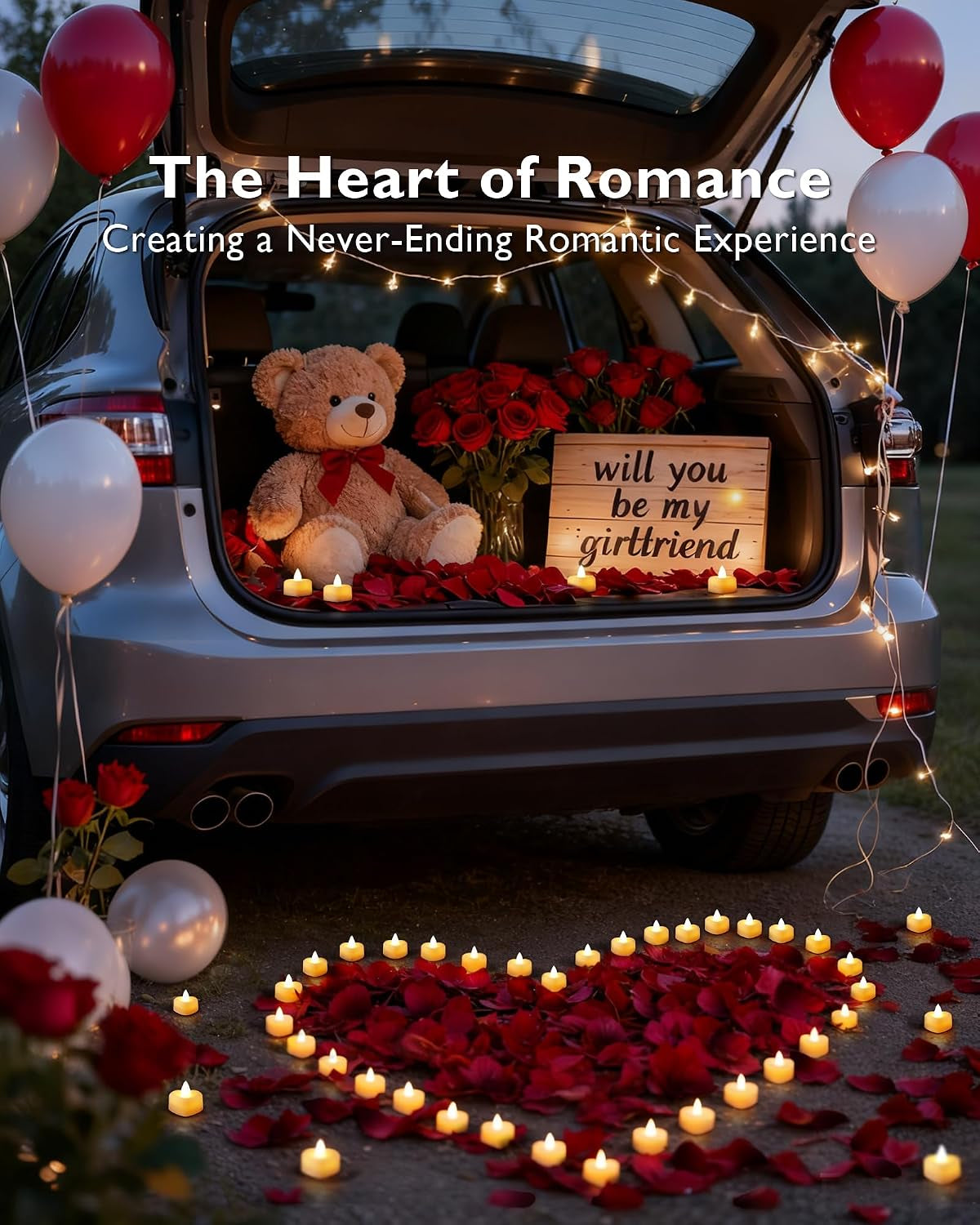 2000 Pieces Artificial Rose Petals with 24 Heart LED Tea Lights Candles Kit, Rose Petals and Candles Set for Proposal, Anniversary, Special Romantic Night, Wedding Table Decor, Birthday