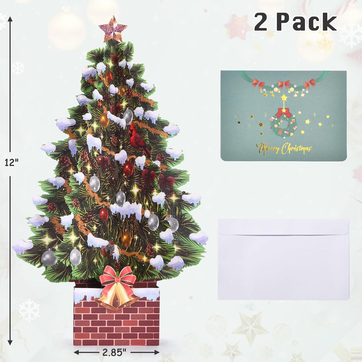 Pop up Christmas Cards, 12 Inch Christmas Tree with Snow Scenery-2 Pack