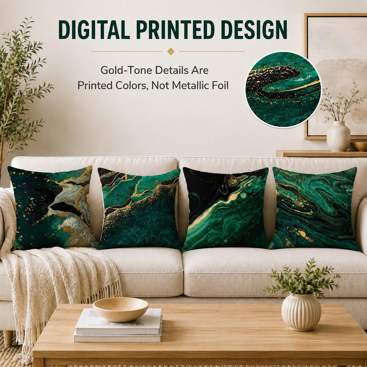 Emerald Green and Gold Marble Throw Pillow Covers 18X18 Set of 4