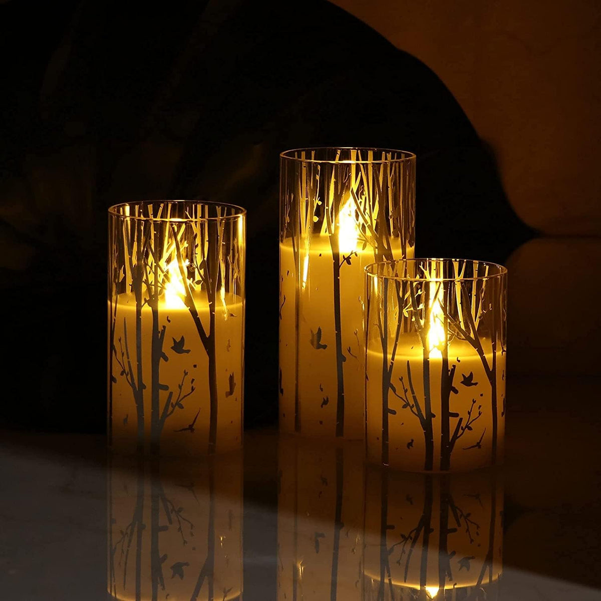 Birch Design Glass LED Candles with 6H Timer Function, Set of 3