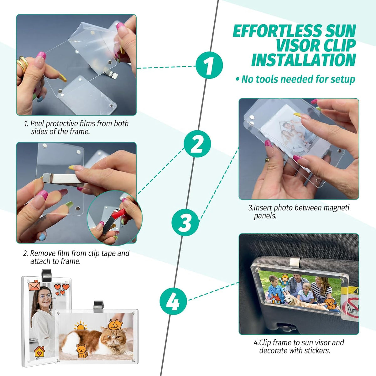 2Pcs Car Picture Holder for Sun Visor,Clear Acrylic & Strong Magnetic Car Visor Photo Clip with Safe Driving &Guardian Icons Stickers, Cute Car Accessories,Gift for Family & Friends (2.4X3.5)