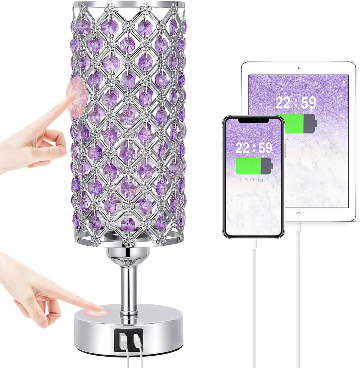 Purple Crystal Table Lamp with USB C+A 3-Way Dimmable Bedside Lamp
