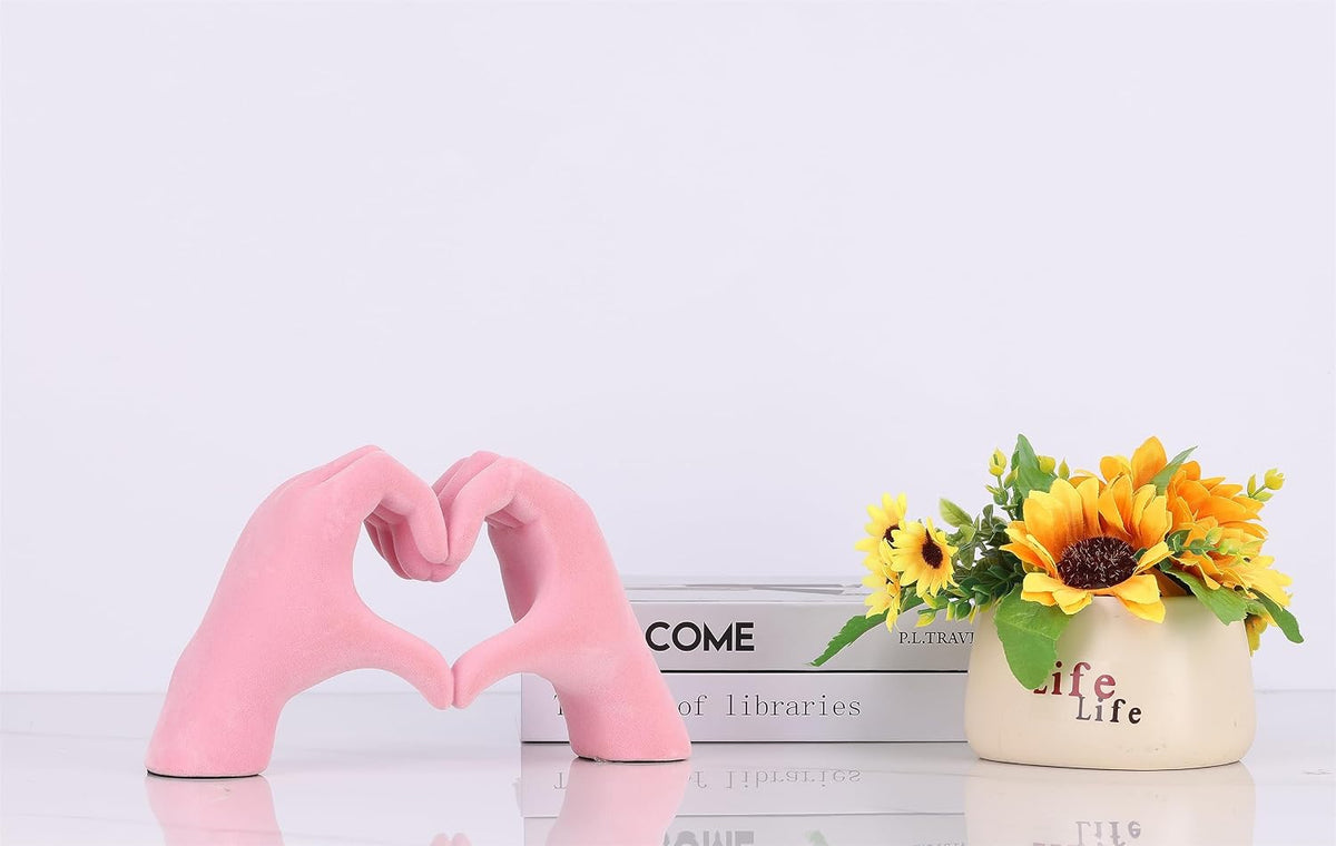 Pink Hand Sculpture Home Accent, Romantic Heart Hand Statue Love Sign, for Wedding Table, Small Decor Item for Shelf, Anniversary Couple Figurine