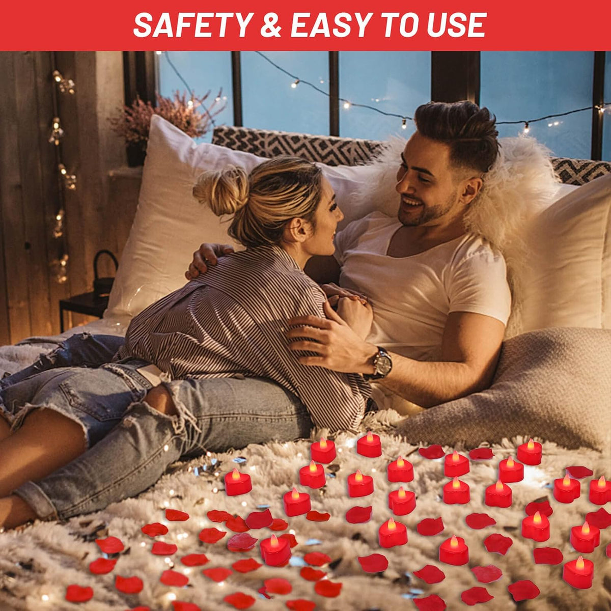 Rose Petals for Romantic Night - Artificial Red Rose Petals with LED Candles for Decoration, Wedding, Valentine'S Day
