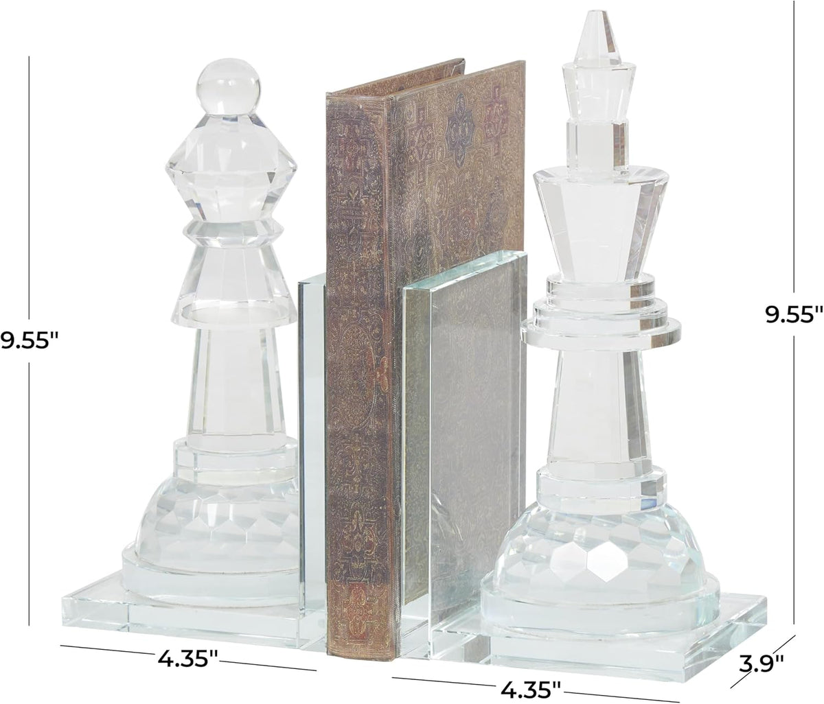 Deco 79 Crystal Chess Decorative Bookends Oversized Non Skid Bookends with Cut Crystal Designs, Set of 2 Office Bookends4 W, 10" H, Clear