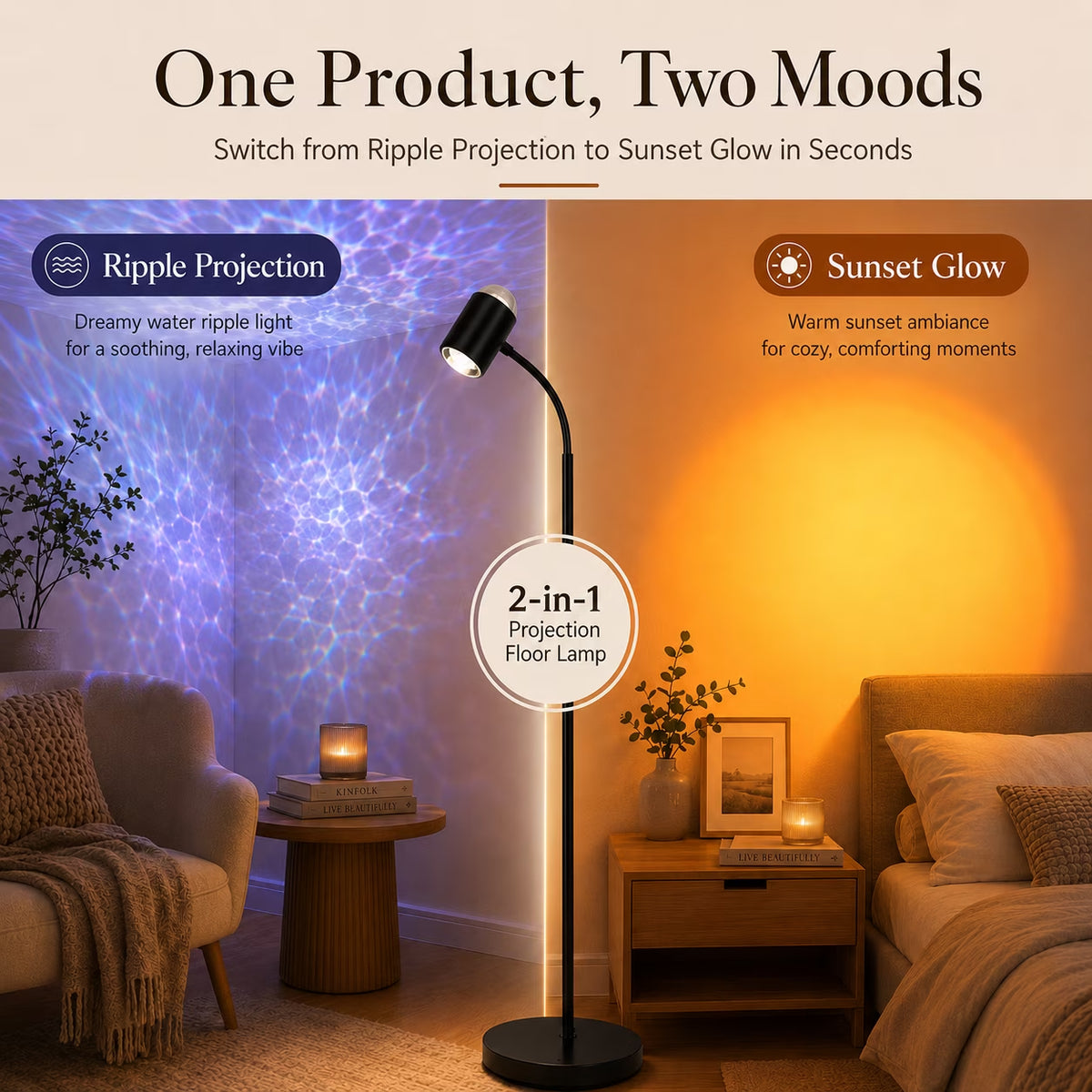 Sunset Standing Floor Lamp Projection with Ocean Wave, 360° Rotation Floor Lamps for Bedroom, Photography Selfie Party Home Living Room Bedroom Decor, Gifts Idea for Girls Women(127Colors)