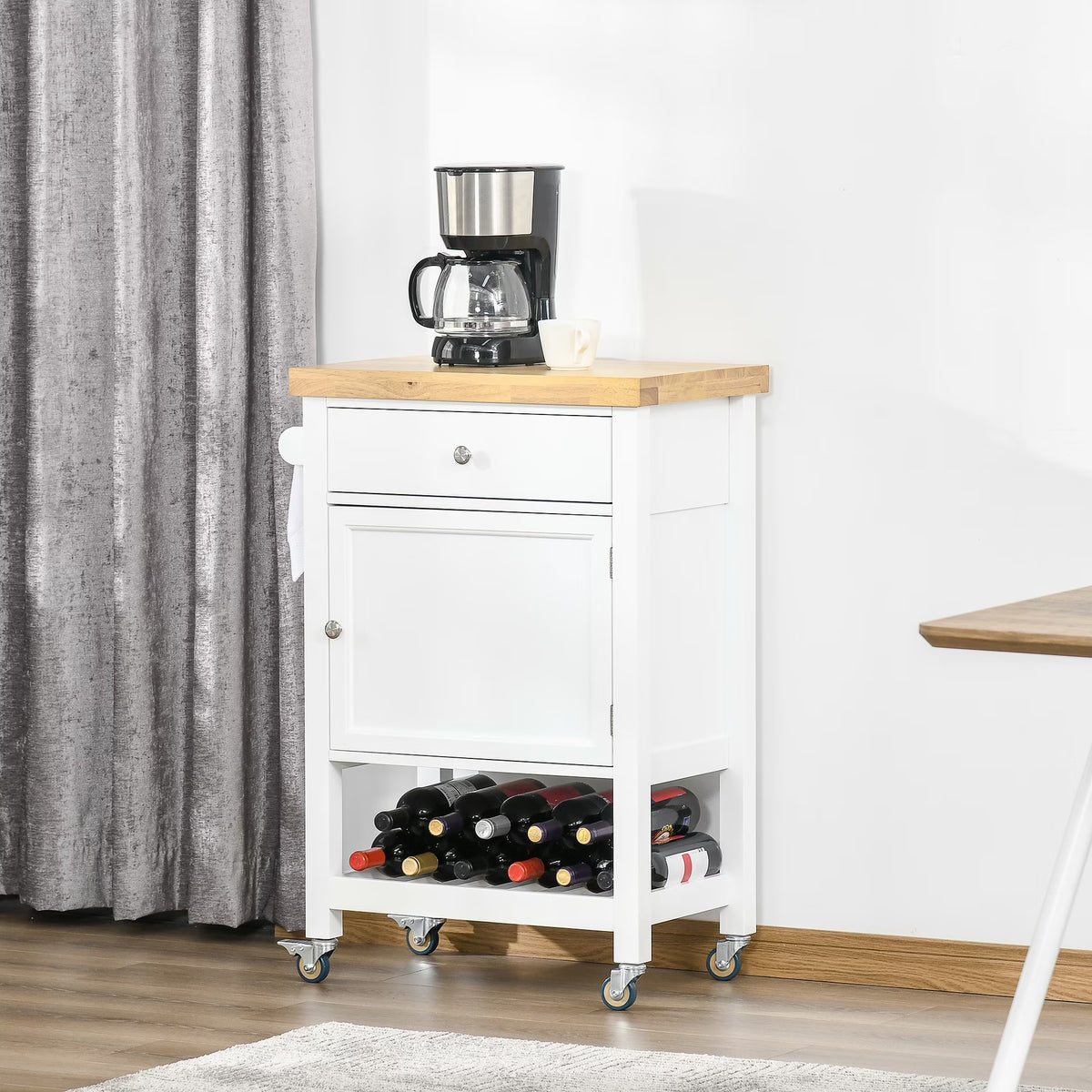 Utility Kitchen Cart, Rolling Kitchen Island with Smooth Rubberwood Top, Narrow Butcher Block Surface on Wheels with Storage Drawer & Cabinet, White