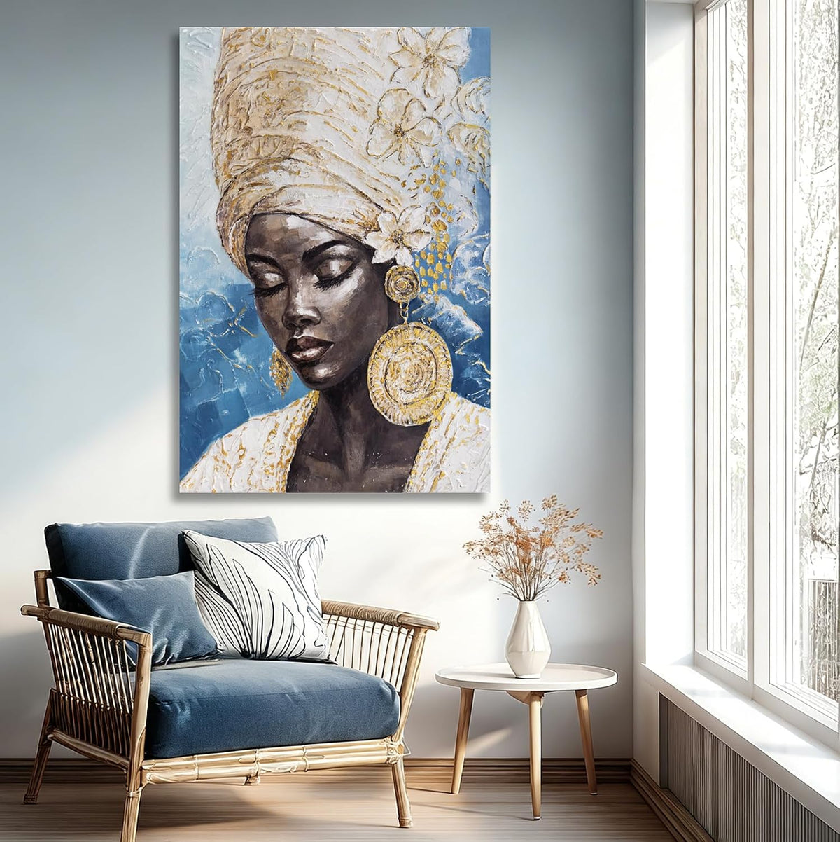 Blue Gold Black Woman Wall Art, Large African American Canvas Wall Art for Living Room Bedroom Office, Modern Portrait Wall Art Print, 32X48 Inch