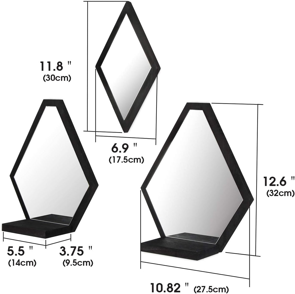 JACKCUBE Design Wall Mount Decorative Mirrors- Set of 3, Geometric Rustic Wood Real Mirror with Shelf for Bedroom, Bathroom, Living Room, Kitchen Wall Art Décor- MK689A
