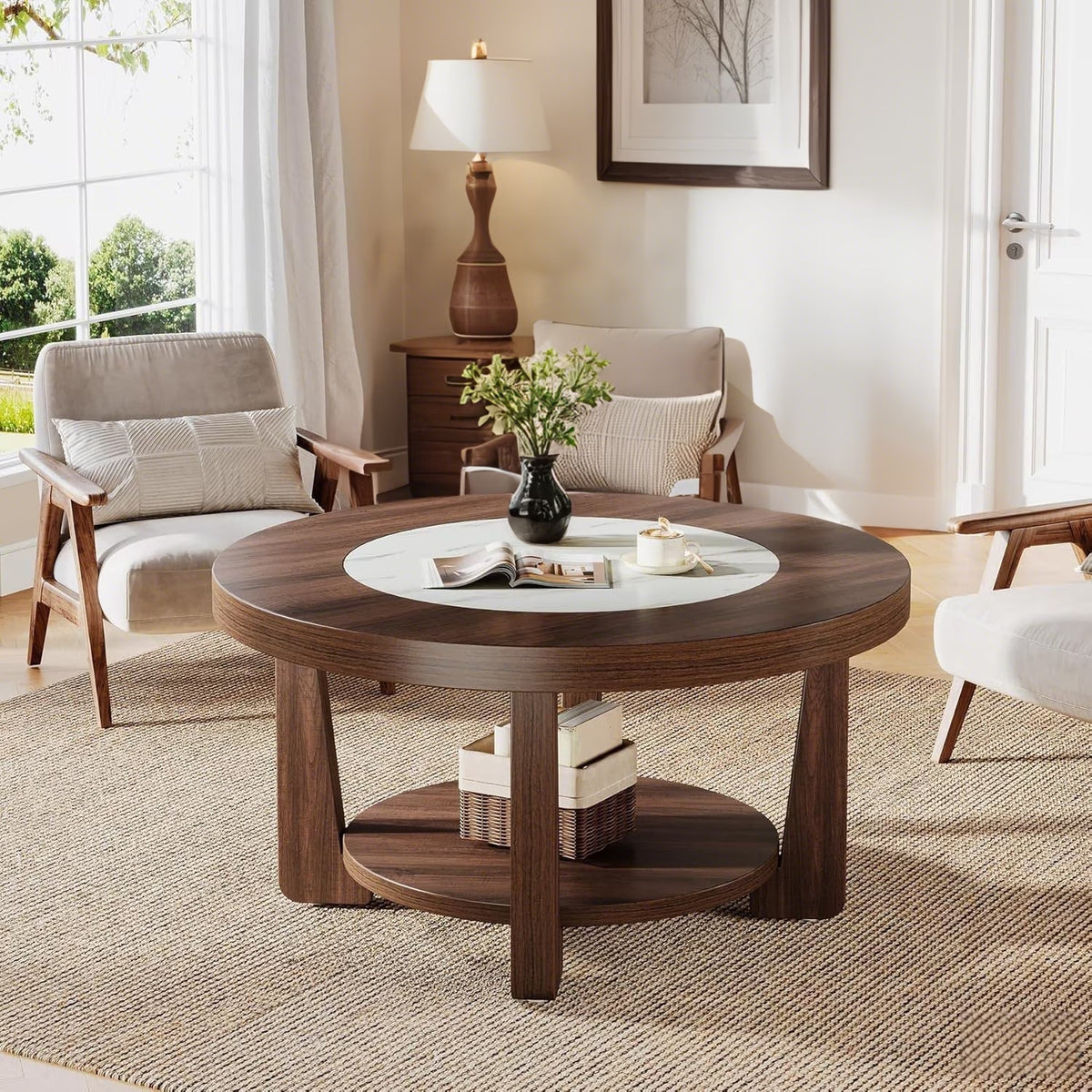 Coffee Table, 2-Tier round Coffee Tablefor Living Room, Industrial Circle Wood Accent Center Table with Heavy-Duty Wood Tabletop and Storage, Brown and White