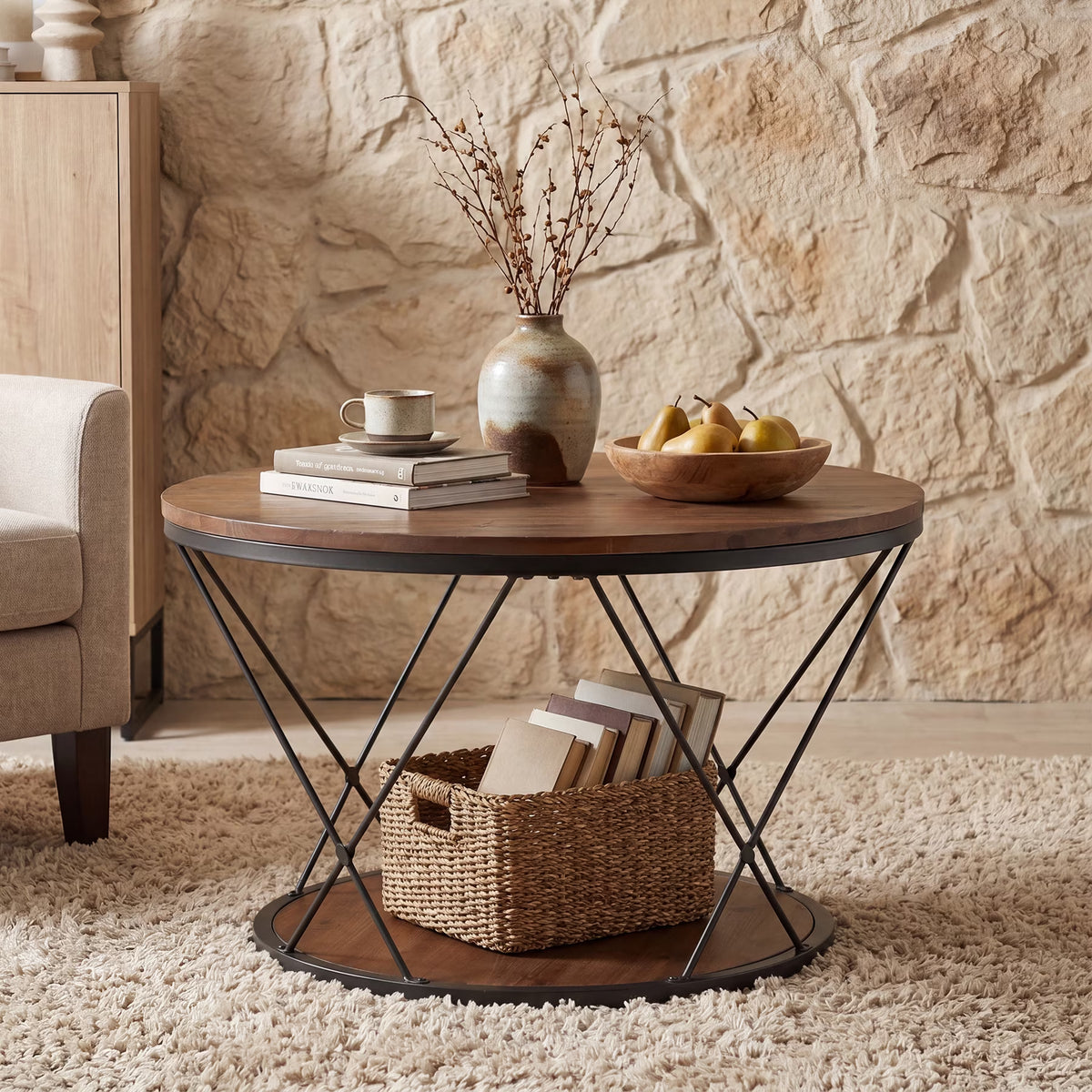 2-Tier Solid Wood round Coffee Table, 31.5-Inch Farmhouse Circle Tea Table with X-Shaped Support for Living Room, Rustic Brown and Black