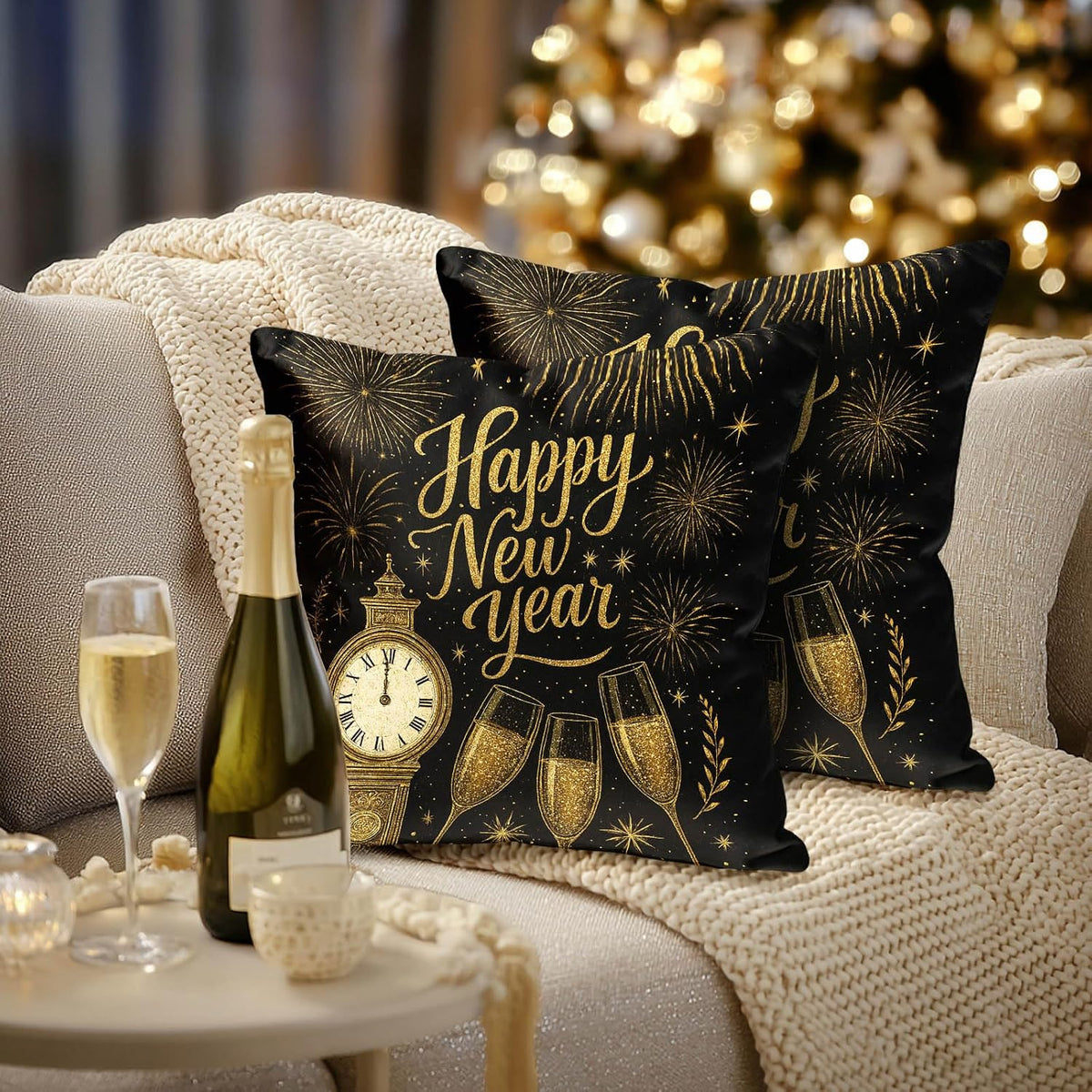 Set of 2 Happy New Year Throw Pillow Covers 18X18 Inch Soft Decorative Gold Black Celebration Cushion Covers Rustic Farmhouse Holiday Winter Pillow Cases for Sofa Couch Bed Home Decor
