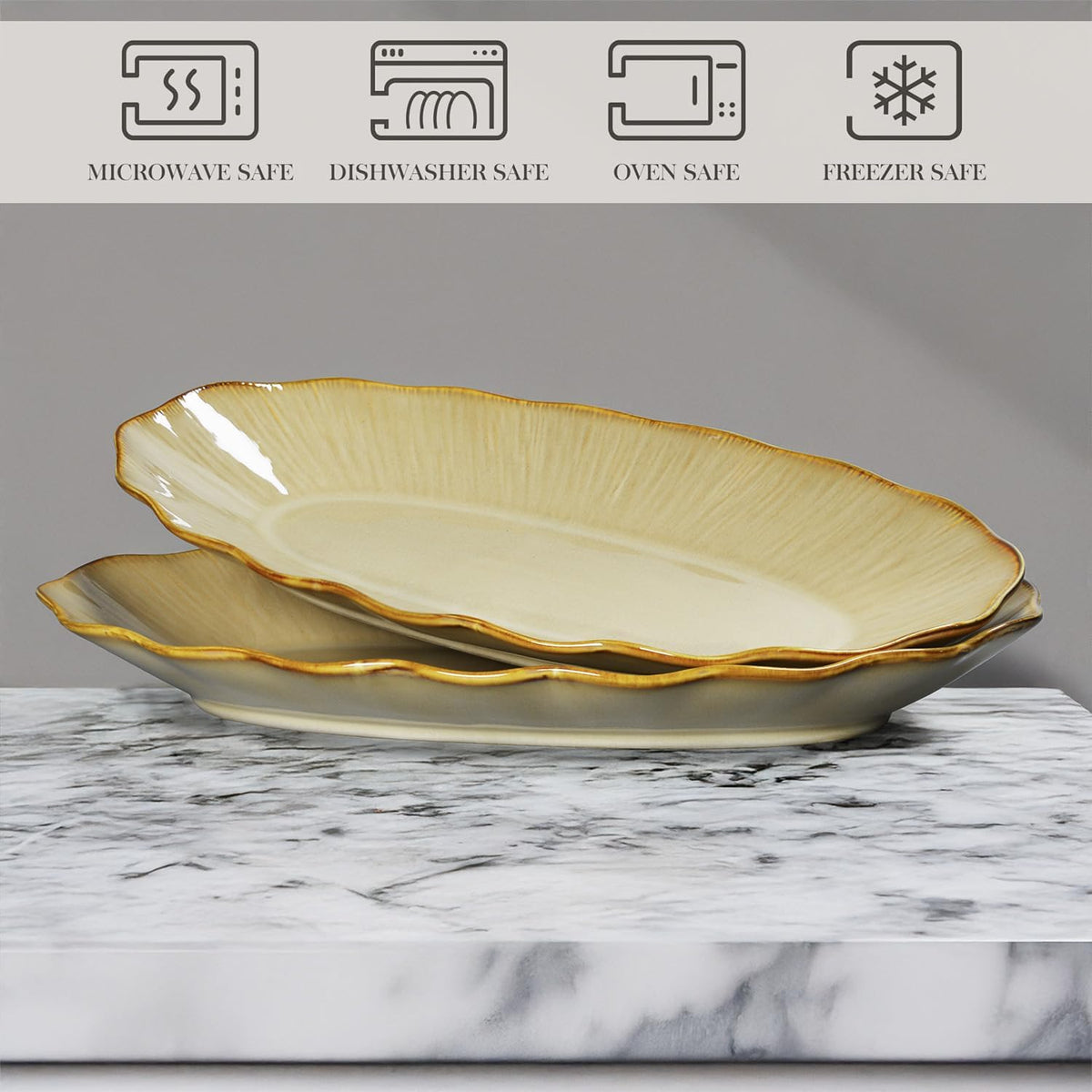 14.4 Inch Oval Serving Platter, Large Ceramic Serving Tray for Entertaining, Microwave & Dishwasher Safe, Rustic Brown Serving Dishes for Party, Turkey, Cheese, Meat, and Vegetables