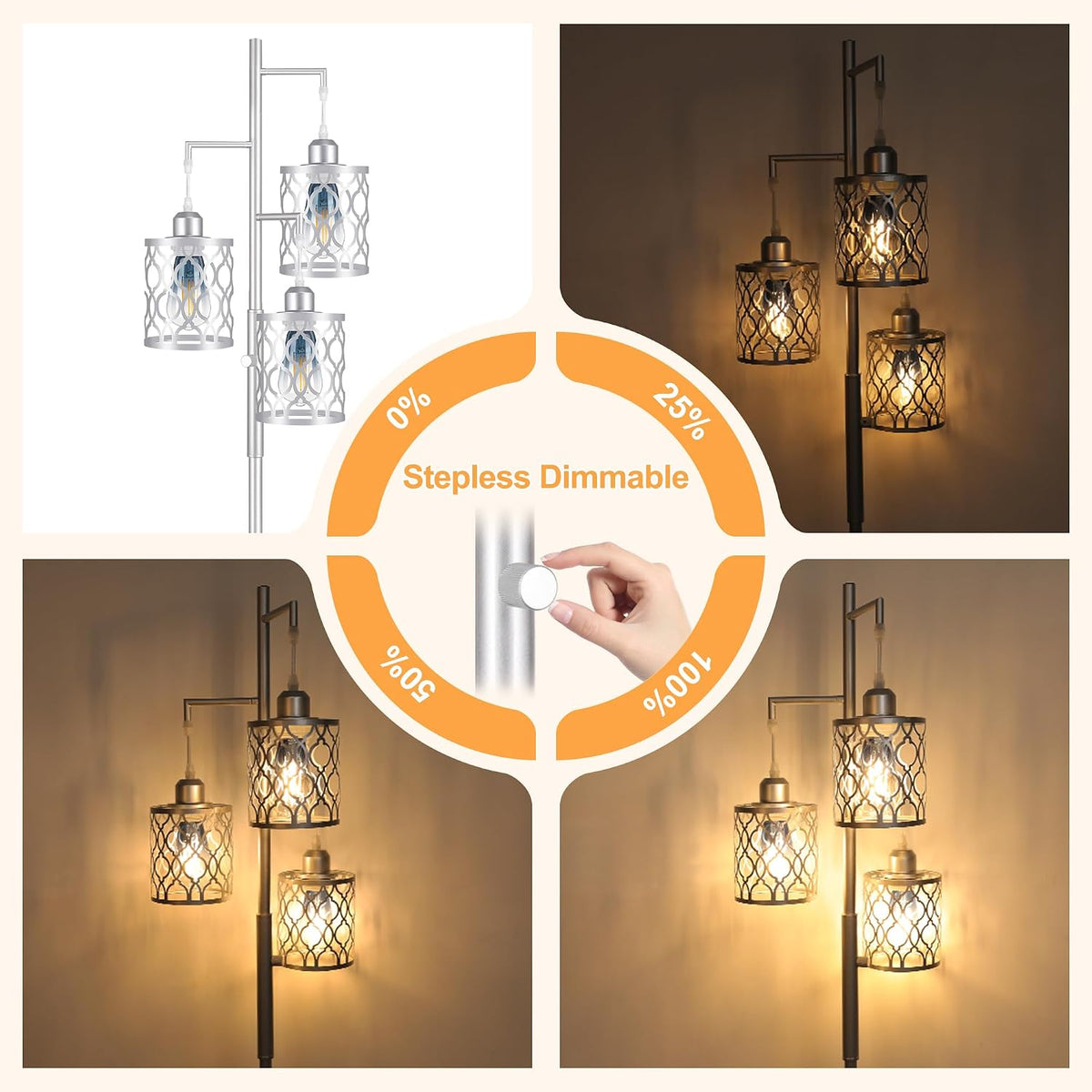 68" Farmhouse Floor Lamp, Dimmable Industrial Floor Lamps for Living Room, 3 Light Rustic Standing Tall Lamp Including 3 PCS 6W Edison Bulbs, Tree Floor Lamp for Bedrooms Room, Office, Bar, Silver