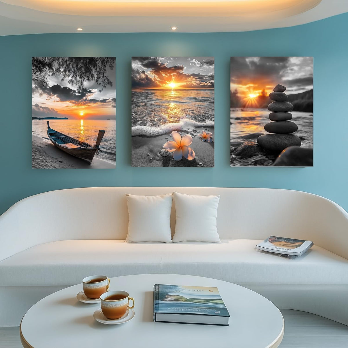 Black and White Gold Beach Wall Art Ocean Poster Coastal Canvas Print Sea Pictures Sunrise Sunset Painting Framed Office Artwork for Bathroom Wall Decor Bedroom Living Room Home Décor