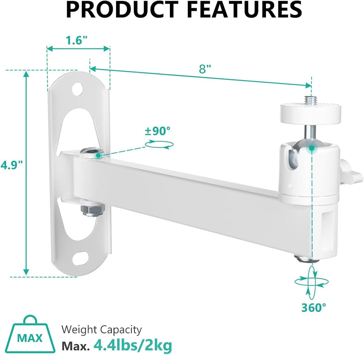 Mini Projector Wall Mount, Full Motion Adjustable Bracket for 1/4" M4 M6 Screws, Hanging Holder for Small Projectors, Supports up to 4.4Lbs - 1330LM-PMWS, White