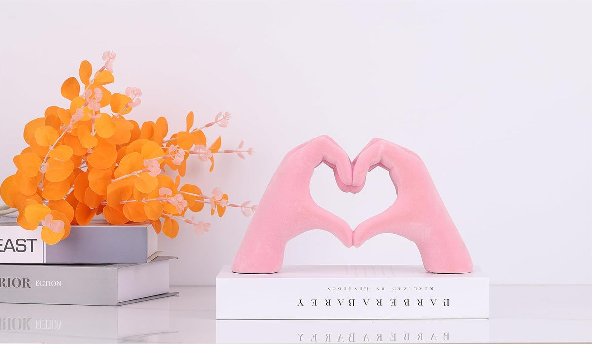 Pink Hand Sculpture Home Accent, Romantic Heart Hand Statue Love Sign, for Wedding Table, Small Decor Item for Shelf, Anniversary Couple Figurine