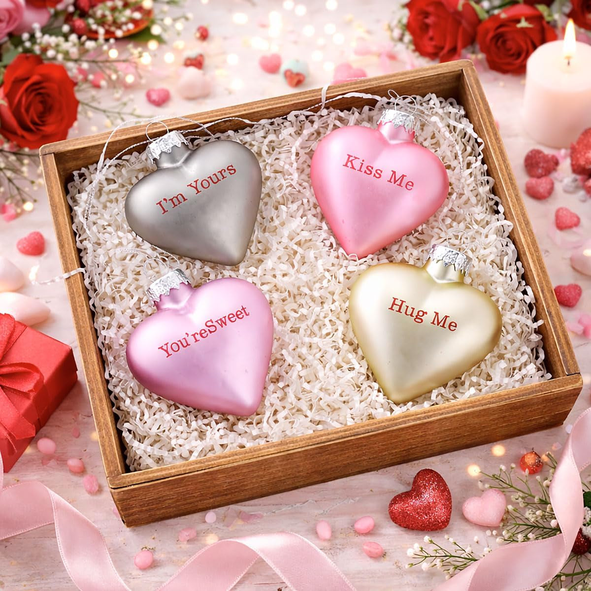 Pastel Candy Conversation Hearts Valentines Ornaments - 12-Piece Assortment, Blown Glass, Handcrafted Hanging Tree Decorations, Pastel Heart Holiday & Party Decor, 2.5 in Tall