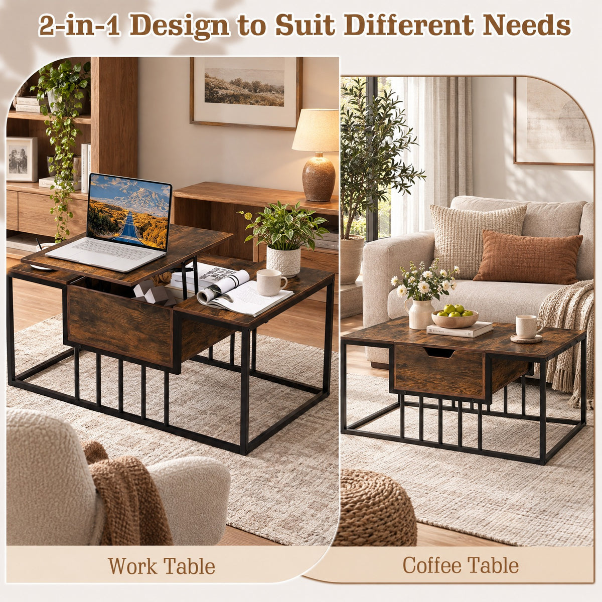 Lift Top Coffee Table Modern Center Table with Hidden Storage Compartment, 110 Lbs Capacity, Engineered Wood Metal Frame, Coffee