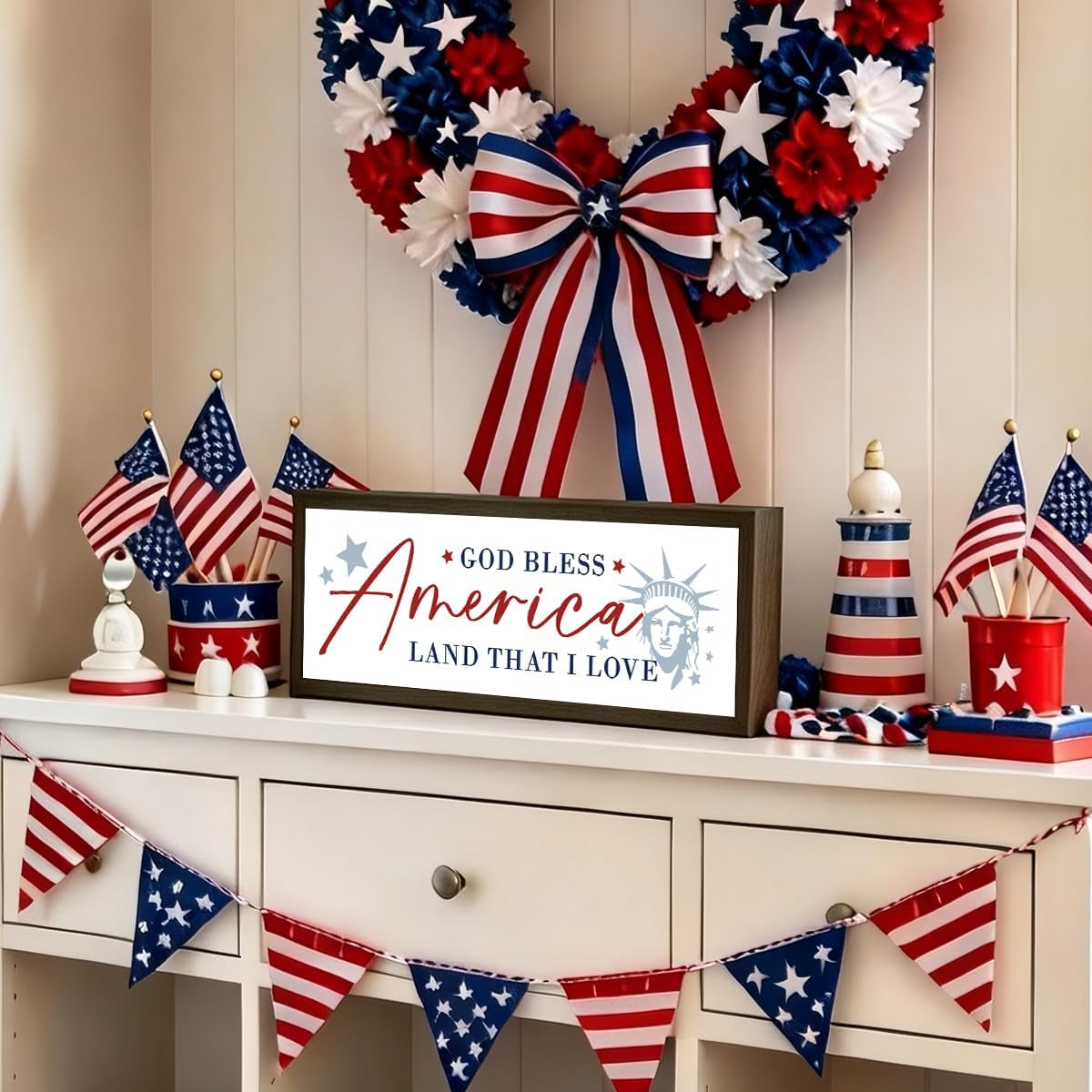 4Th of July Wooden Sign, God Bless America Land That I Love, Patriotic Home Decor Sign with Statue of Liberty, Independence Day Memorial Day Shelf Table Tiered Tray Display, 9.5X3.1 Inches
