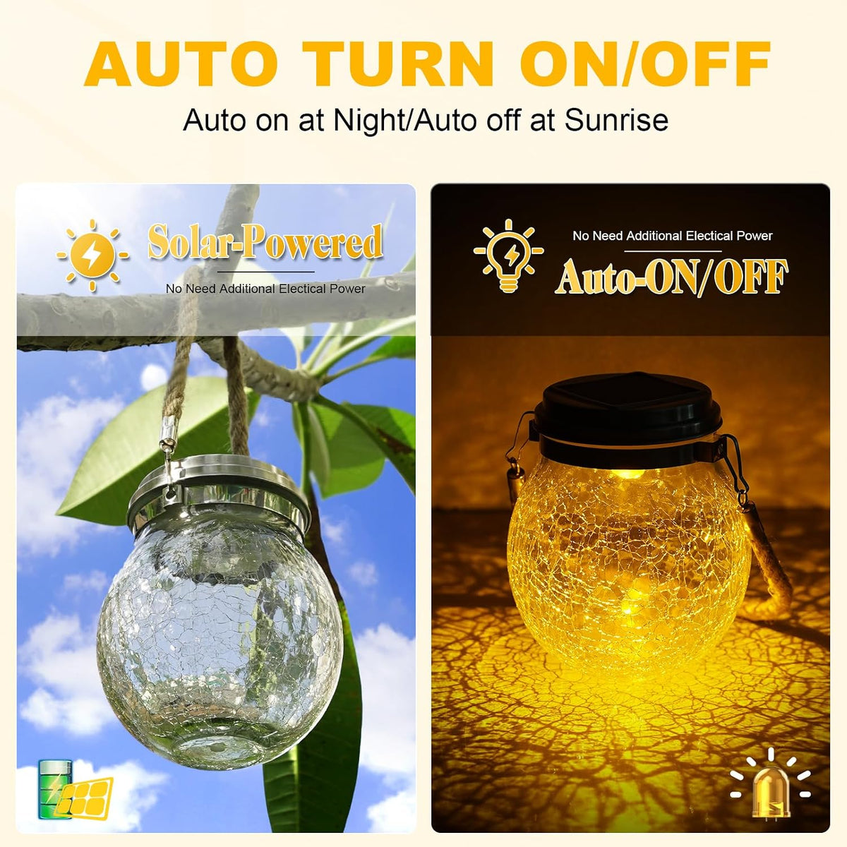 Solar Lanterns Outdoor Waterproof, 4 Pack Hanging Solar Lights Outdoor Garden Decor, Amber Warm & RGB LED Globe Cracked Glass Ball Lantern for Yard Tree Fence Patio Porch Events Deck Pathway
