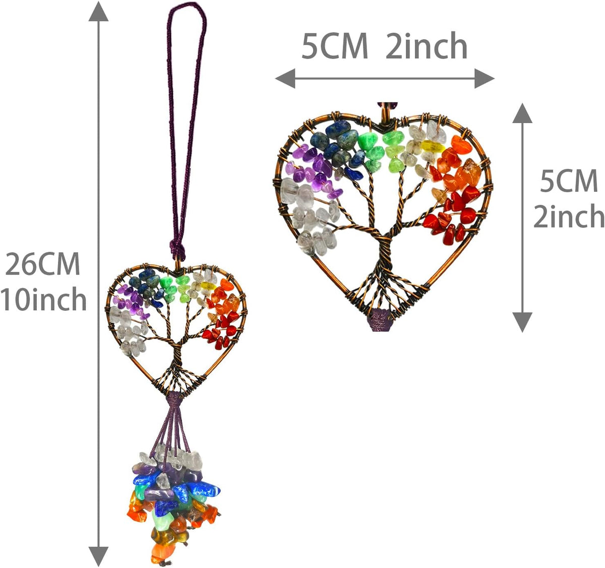 Handmade Cute Boho Tree of Life Chakra Stones Car Mirror Hanging Accessories for Women and Men,7 Chakras Healing Crystal Car Rear View Mirror Hanging Charm and Wall Door Windows Decor