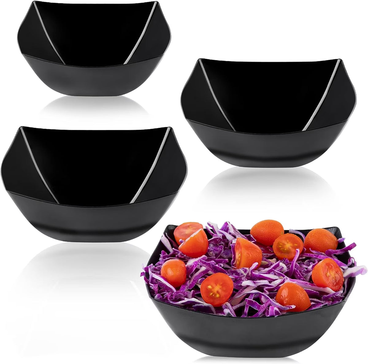 16 Oz Disposable Serving Bowls Black Plastic Square Snack Bowls, 4-Pack