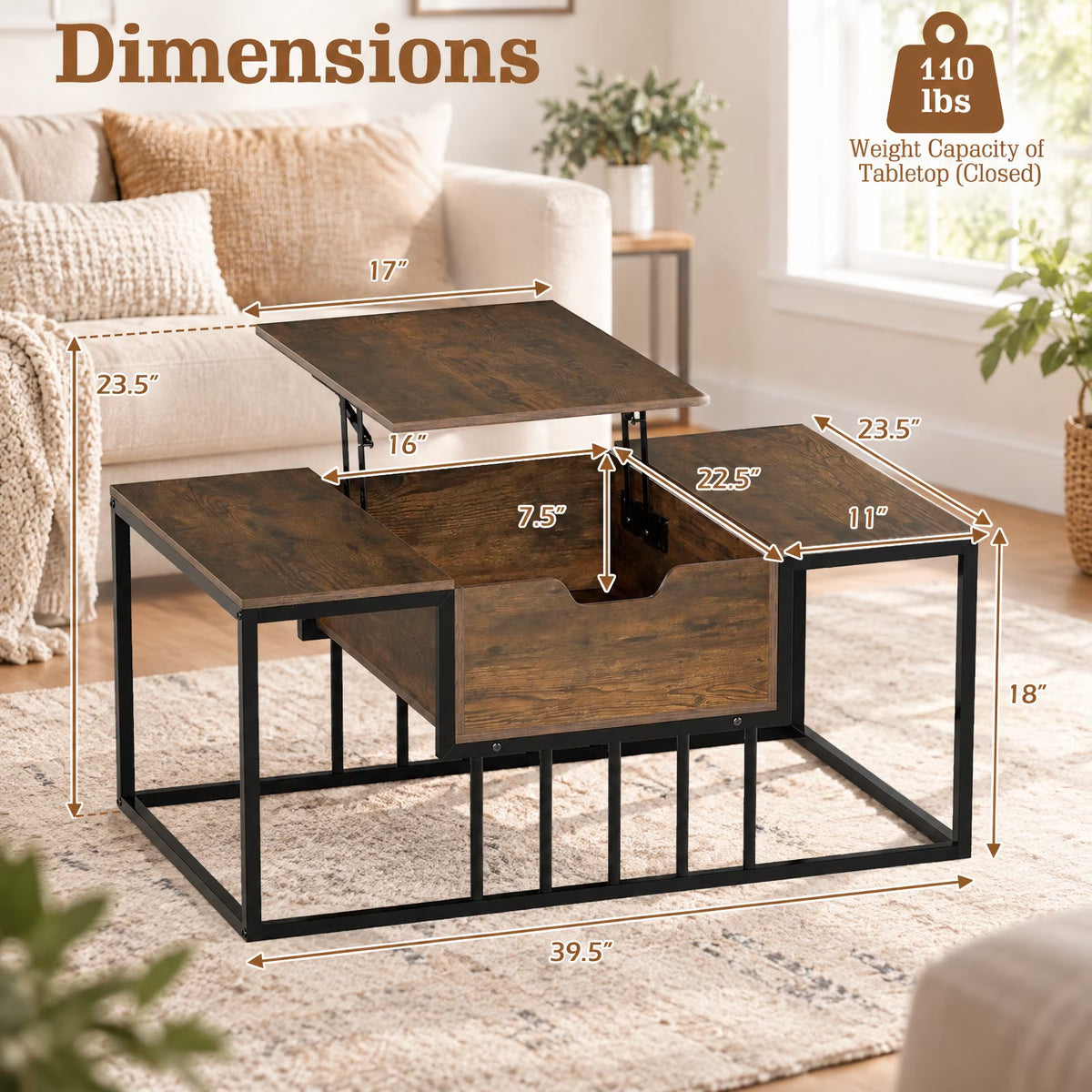 Lift Top Coffee Table Modern Center Table with Hidden Storage Compartment, 110 Lbs Capacity, Engineered Wood Metal Frame, Coffee