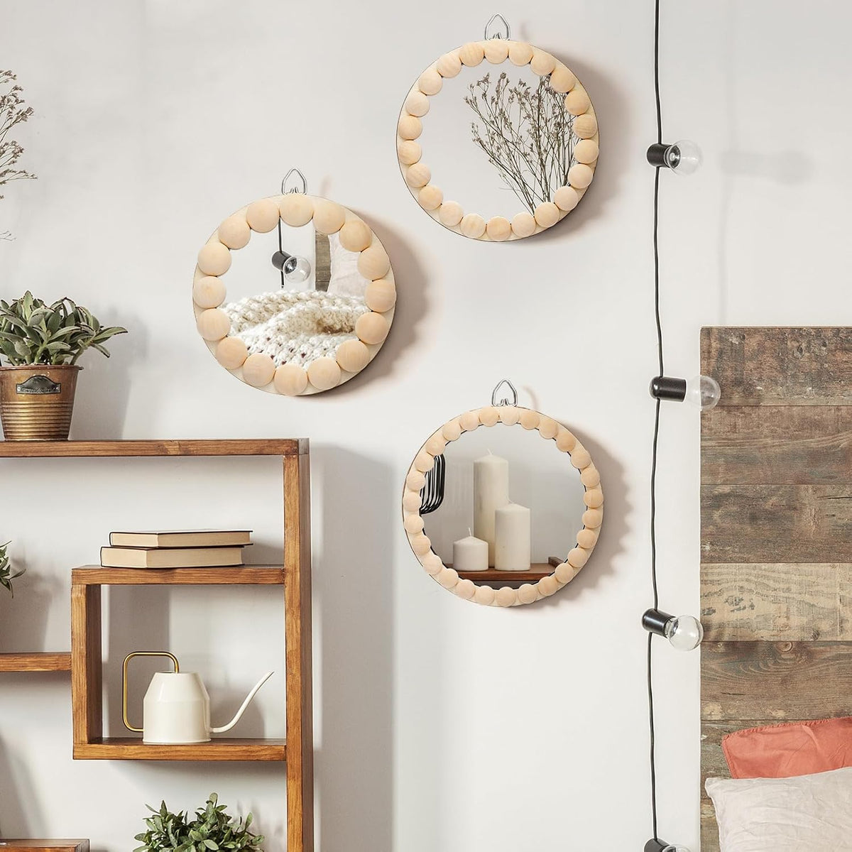3 Pcs Boho Mirror Wall Decor 4.72 Inch Small round Circle Decorative Mirrors with Wood Bead Hanging Wall Art for Farmhouse Rustic Home Living Room, Bedroom, Bathroom, Entryway