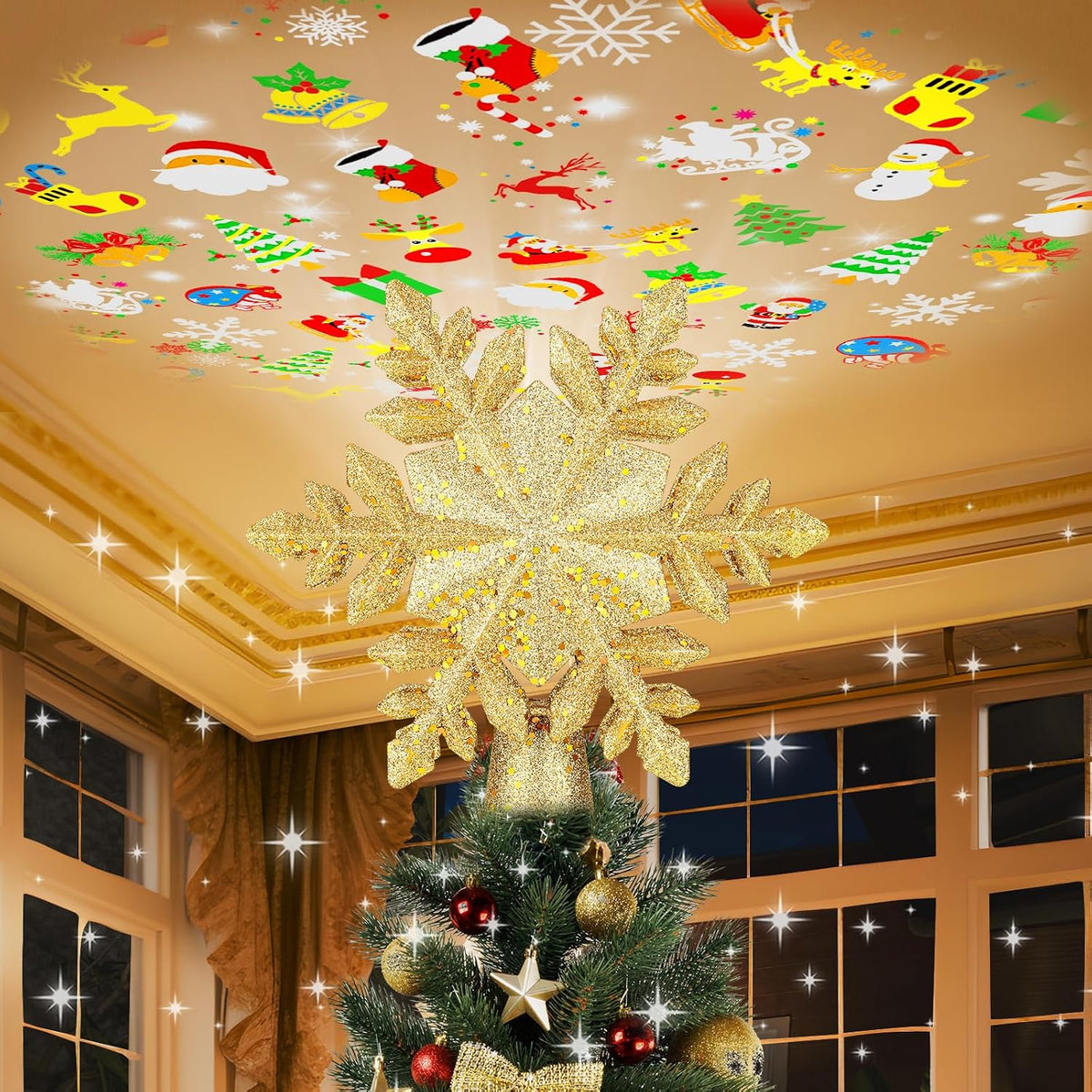 Christmas Tree Topper Lighted with 6 Projection Slides,  Snowflake Christmas Tree Topper LED Rotating 3D Lighted Tree Toppers Glitter Tree Topper Projector for Christmas Tree(Gold)
