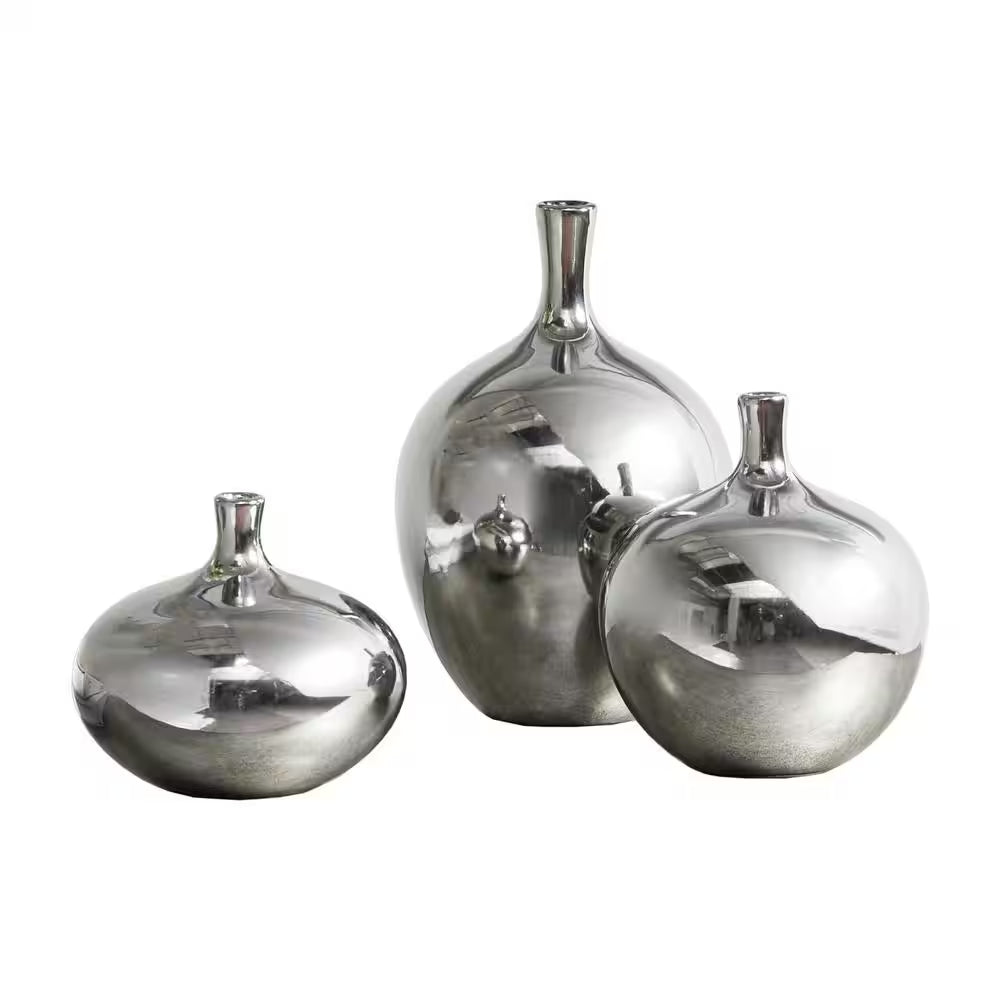 Ansen 3-Piece Silver Mirrored Ceramic Decorative Vases 3-Piece Set