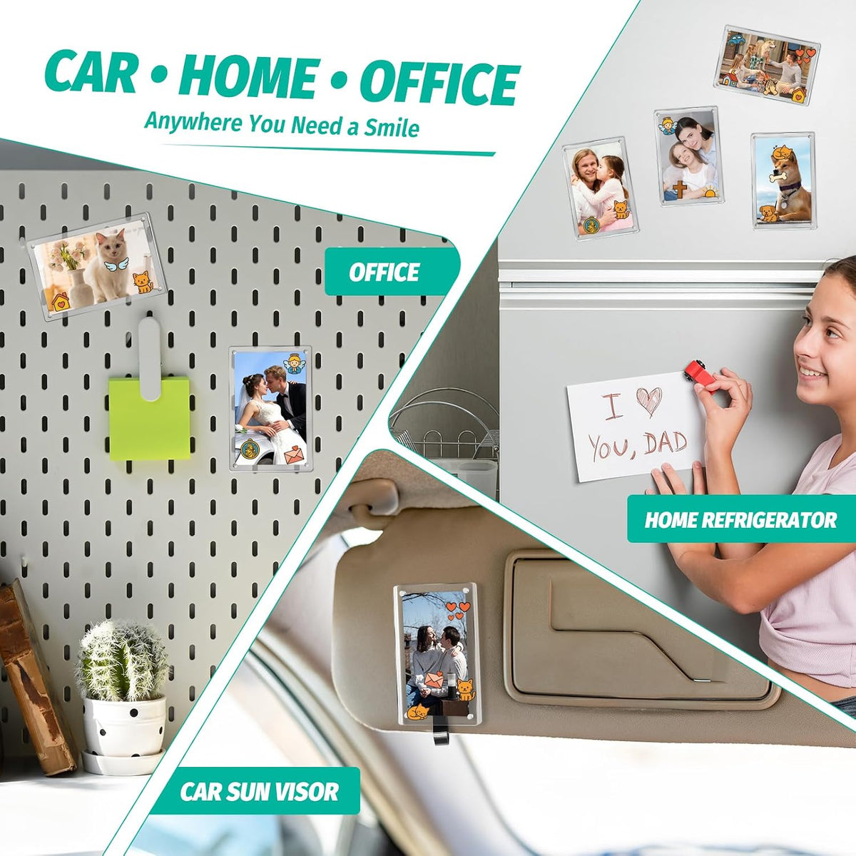 2Pcs Car Picture Holder for Sun Visor,Clear Acrylic & Strong Magnetic Car Visor Photo Clip with Safe Driving &Guardian Icons Stickers, Cute Car Accessories,Gift for Family & Friends (2.4X3.5)